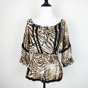 Guess Blouse Top Tiger Sheer Lace Keyhole Blouson Y2K Peasant Mob Wife Boho Tan